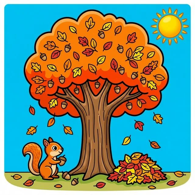 Large autumn tree with falling leaves and a cute squirrel gathering acorns coloring page for kids