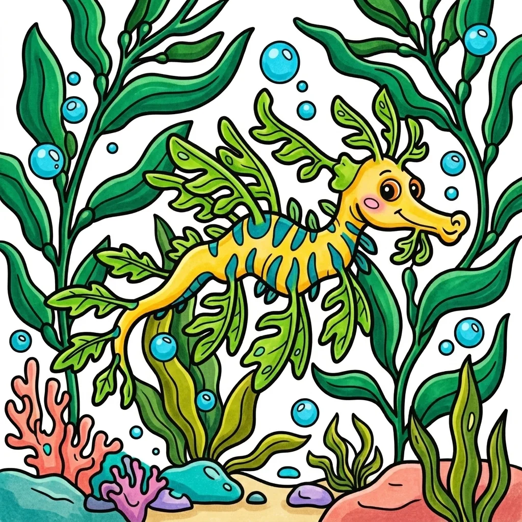 Leafy Sea Dragon camouflaged in kelp forest coloring page for kids - free printable