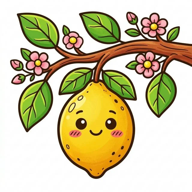 Lemon on tree branch with flowers coloring page for kids — free printable