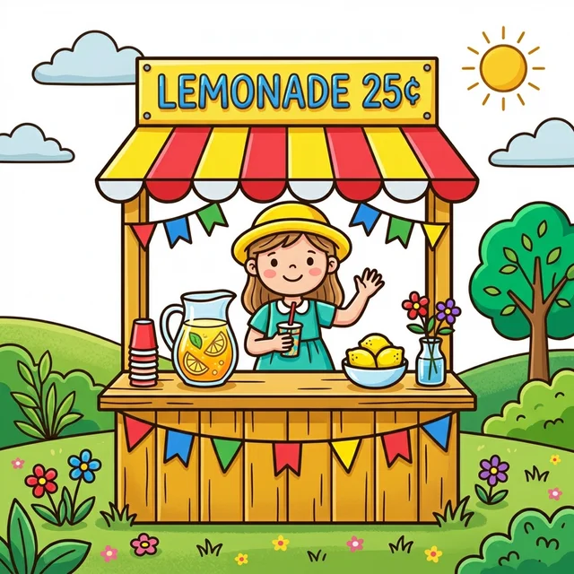 Kid selling lemonade at stand coloring page
