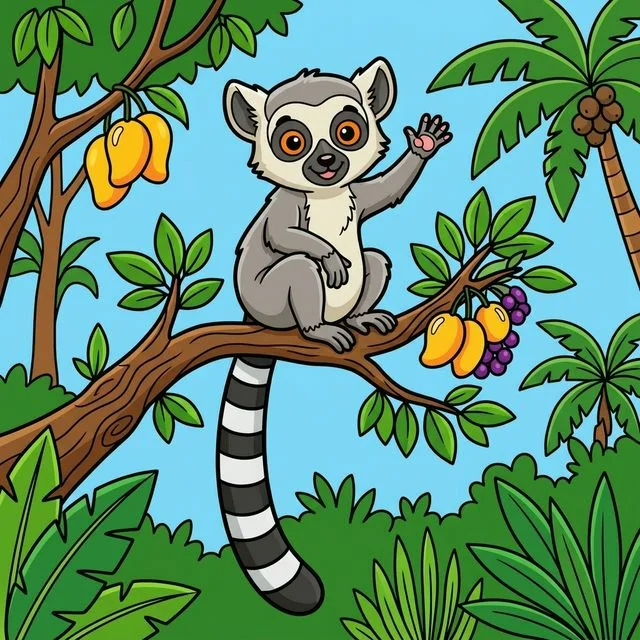 Ring-tailed lemur waving from tree branch coloring page for kids