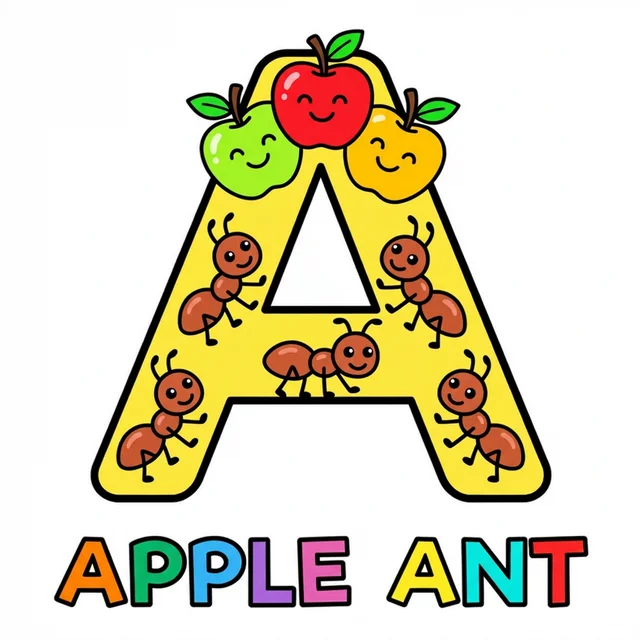 Letter A decorated with apples and ants coloring page.