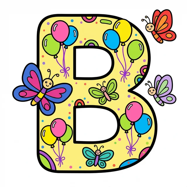 Letter B with butterflies and balloons coloring page.