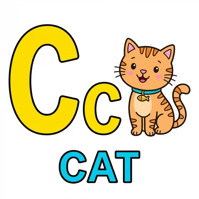 Letter C coloring page with capital C small c and cat illustration.