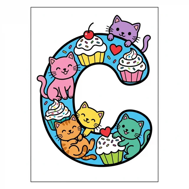 Letter C with cats and cupcakes coloring page.