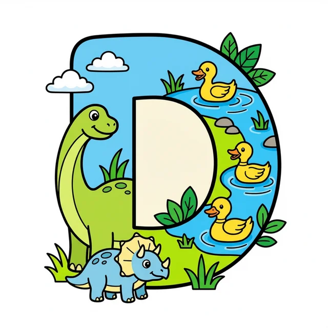 Letter D with dinosaurs and ducks coloring page.