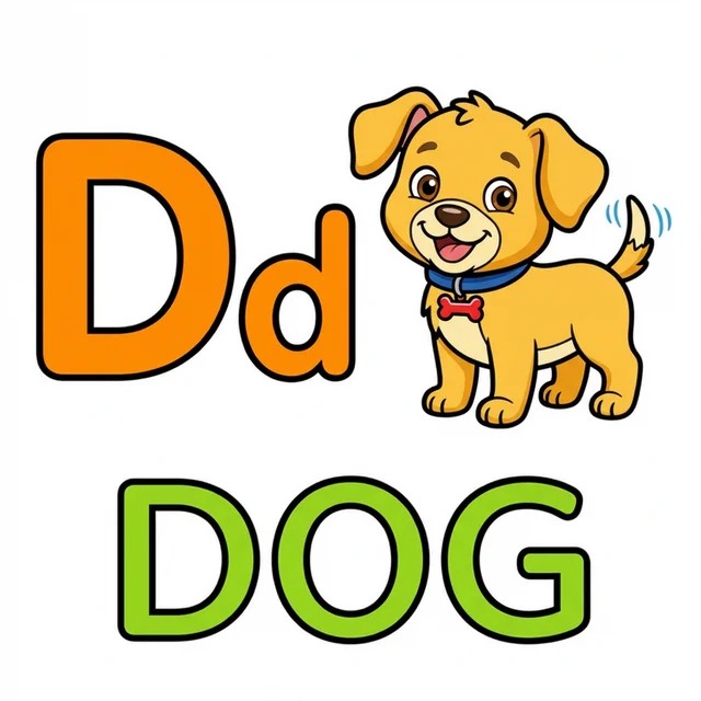 Letter D coloring page with capital D small d and puppy dog illustration.