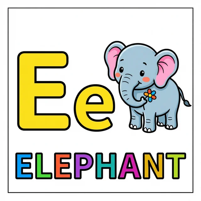 Letter E coloring page with capital E small e and elephant illustration.