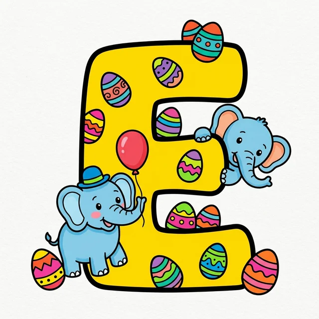 Letter E with elephants and eggs coloring page.