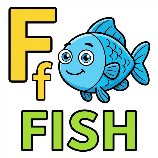 Letter F coloring page with capital F small f and fish illustration.