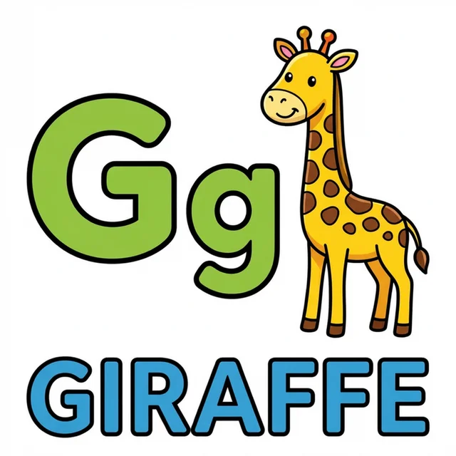 Letter G coloring page with capital G small g and giraffe illustration.