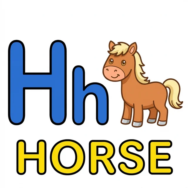 Letter H coloring page with capital H small h and horse illustration.