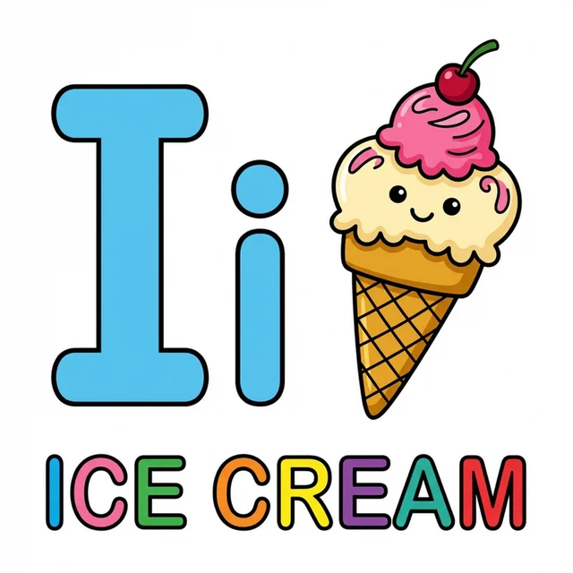 Letter I coloring page with capital I small i and ice cream cone illustration.
