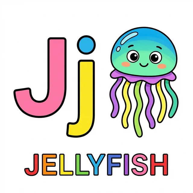 Letter J coloring page with capital J small j and jellyfish illustration.