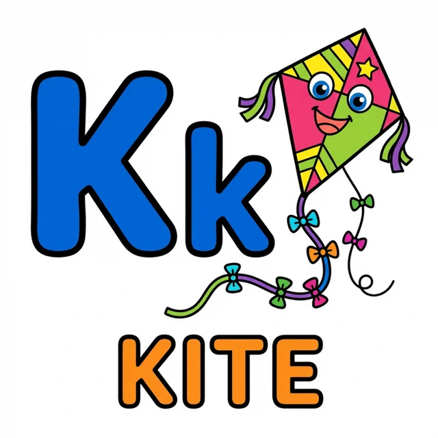 Letter K coloring page with capital K small k and kite illustration.