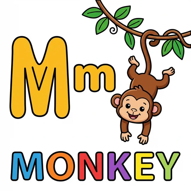 Letter M coloring page with capital M small m and monkey illustration.