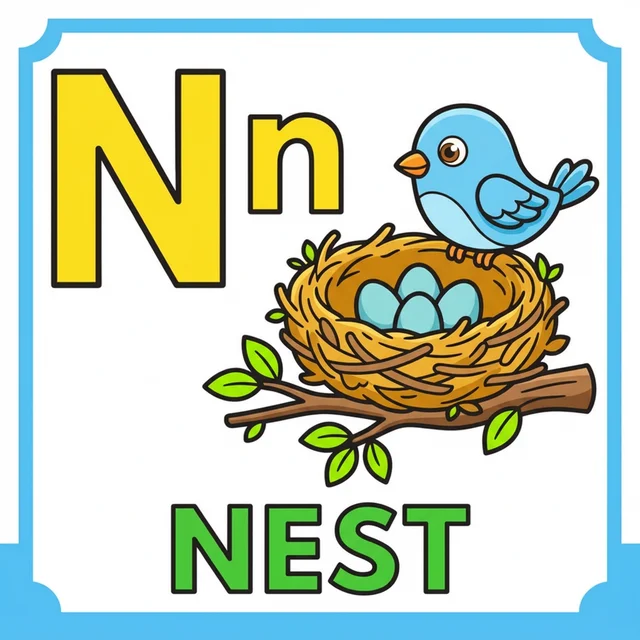 Letter N coloring page with capital N small n and bird nest illustration.