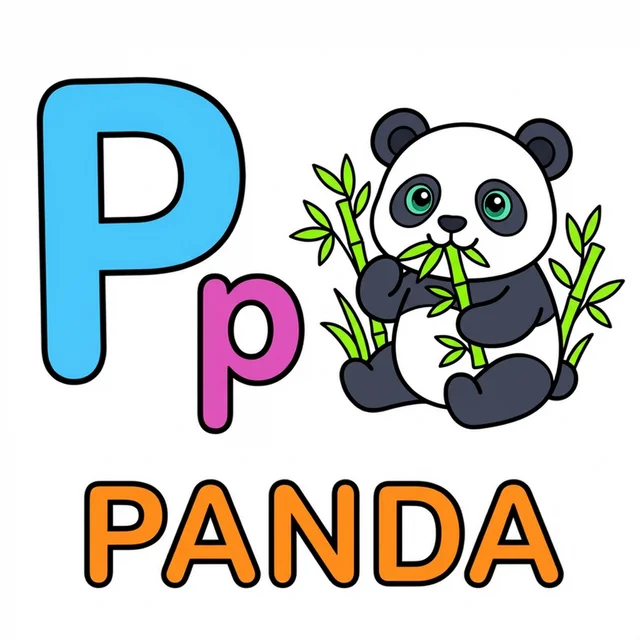 Letter P coloring page with capital P small p and panda illustration.