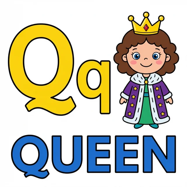 Letter Q coloring page with capital Q small q and queen illustration.