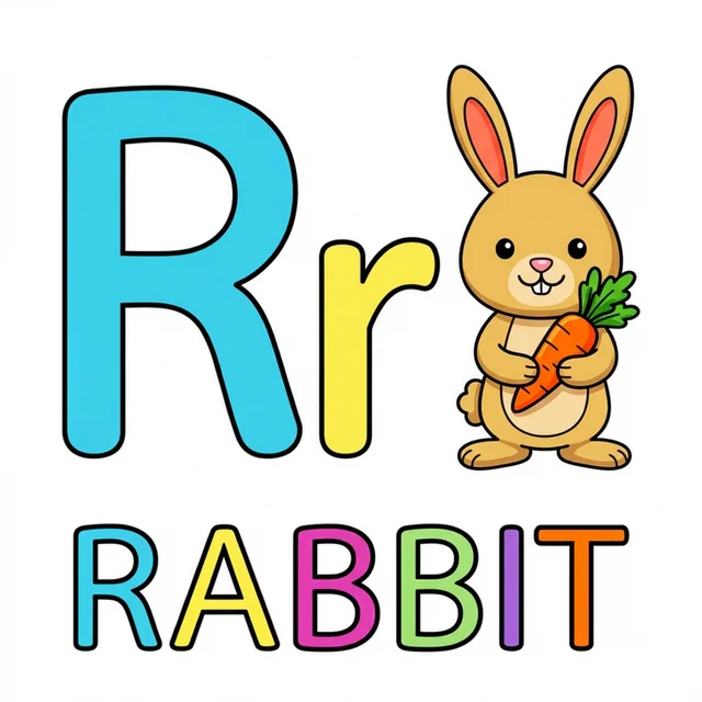 Letter R coloring page with capital R small r and rabbit illustration.
