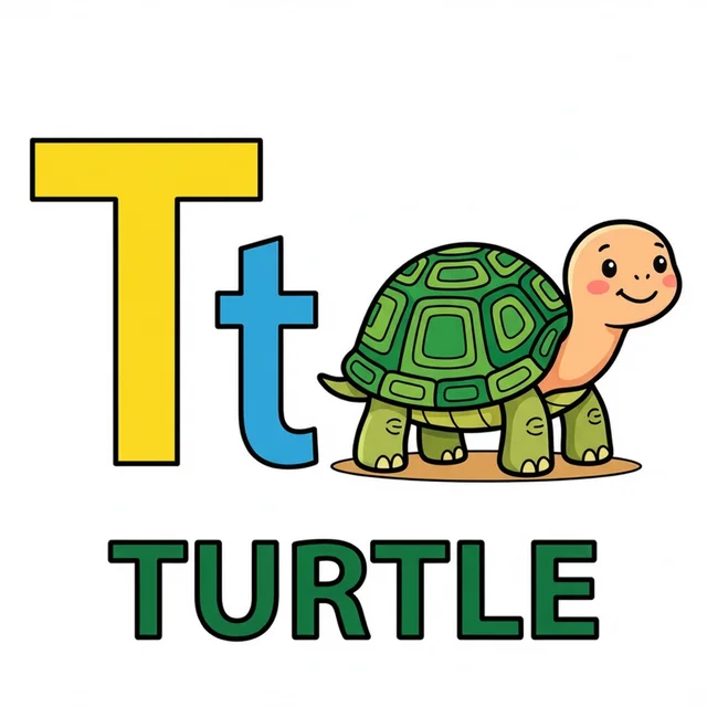 Letter T coloring page with capital T small t and turtle illustration.