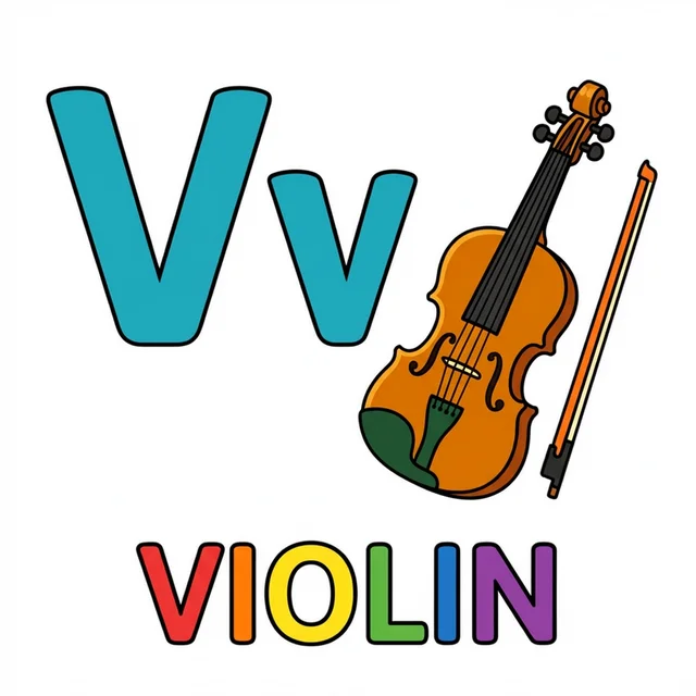 Letter V coloring page with capital V small v and violin illustration.
