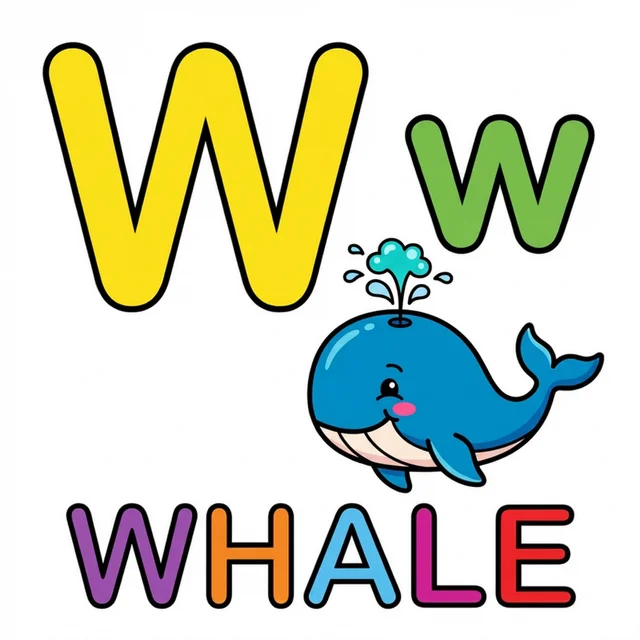 Letter W coloring page with capital W small w and whale illustration.