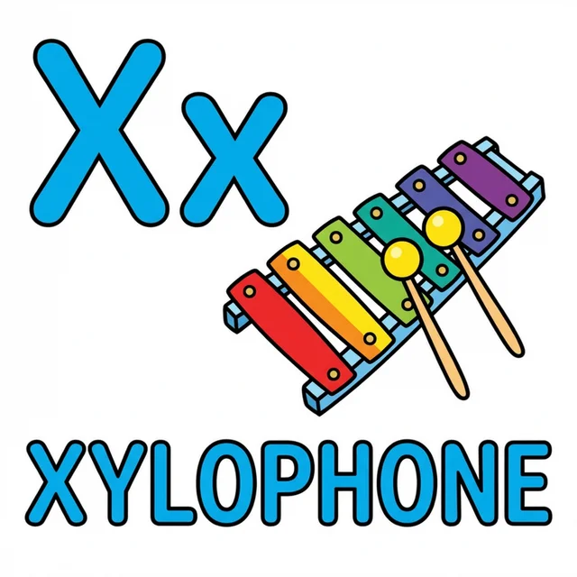 Letter X coloring page with capital X small x and xylophone illustration.