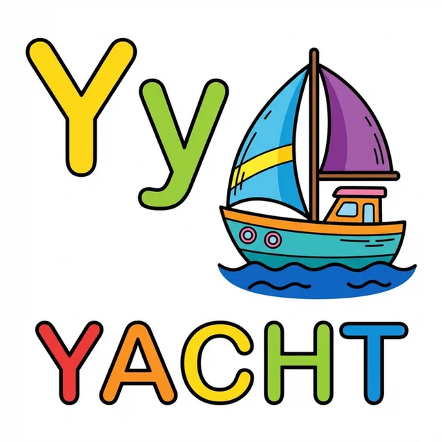 Letter Y coloring page with capital Y small y and yacht illustration.