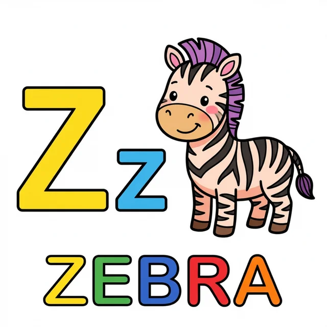 Letter Z coloring page with capital Z small z and zebra illustration.