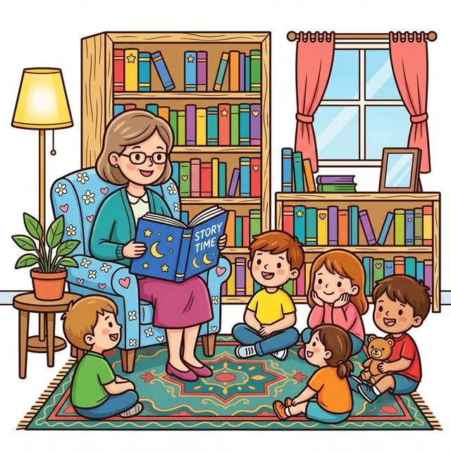Librarian reading storybook to children at library coloring page