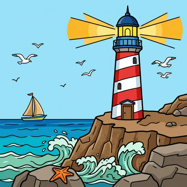Striped lighthouse on rocky cliff with ocean waves coloring page