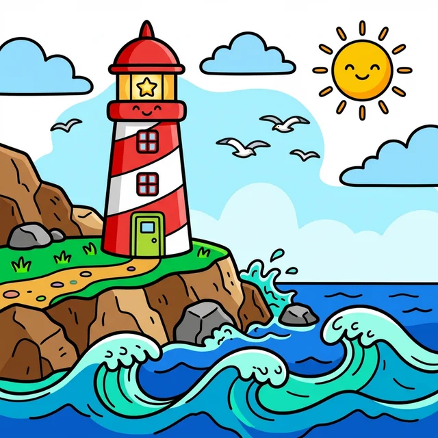 A lighthouse on a cliff by the ocean coloring page.