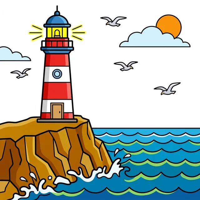 Lighthouse on rocky cliff by ocean coloring page
