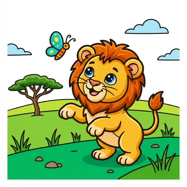 A lion cub playing with a butterfly on the savanna coloring page.