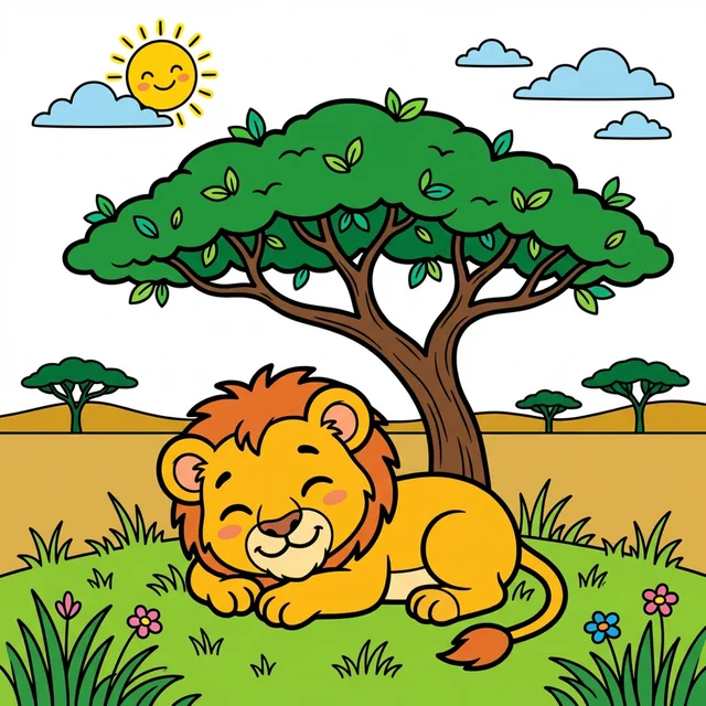 A cute lion cub resting under an acacia tree coloring page.