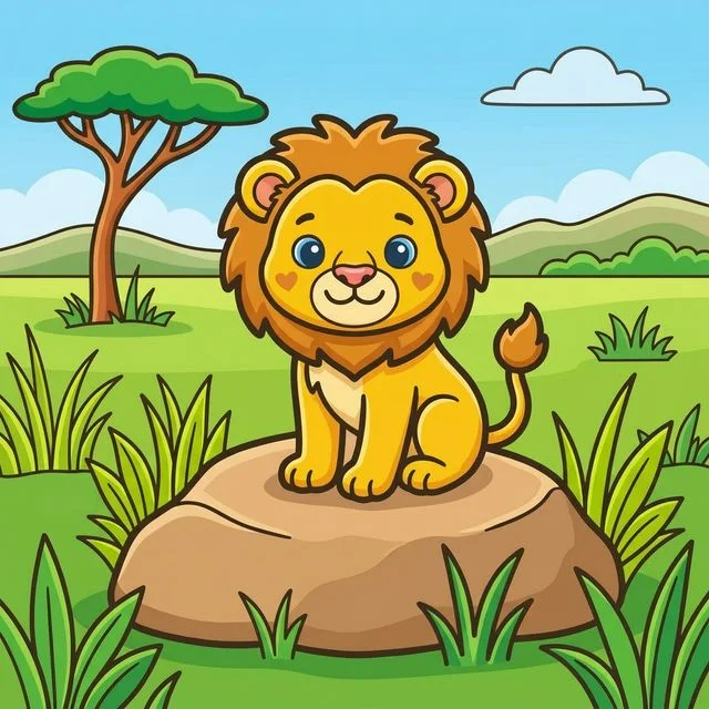 Lion cub with fluffy mane sitting on rock in savanna coloring page for kids — free printable