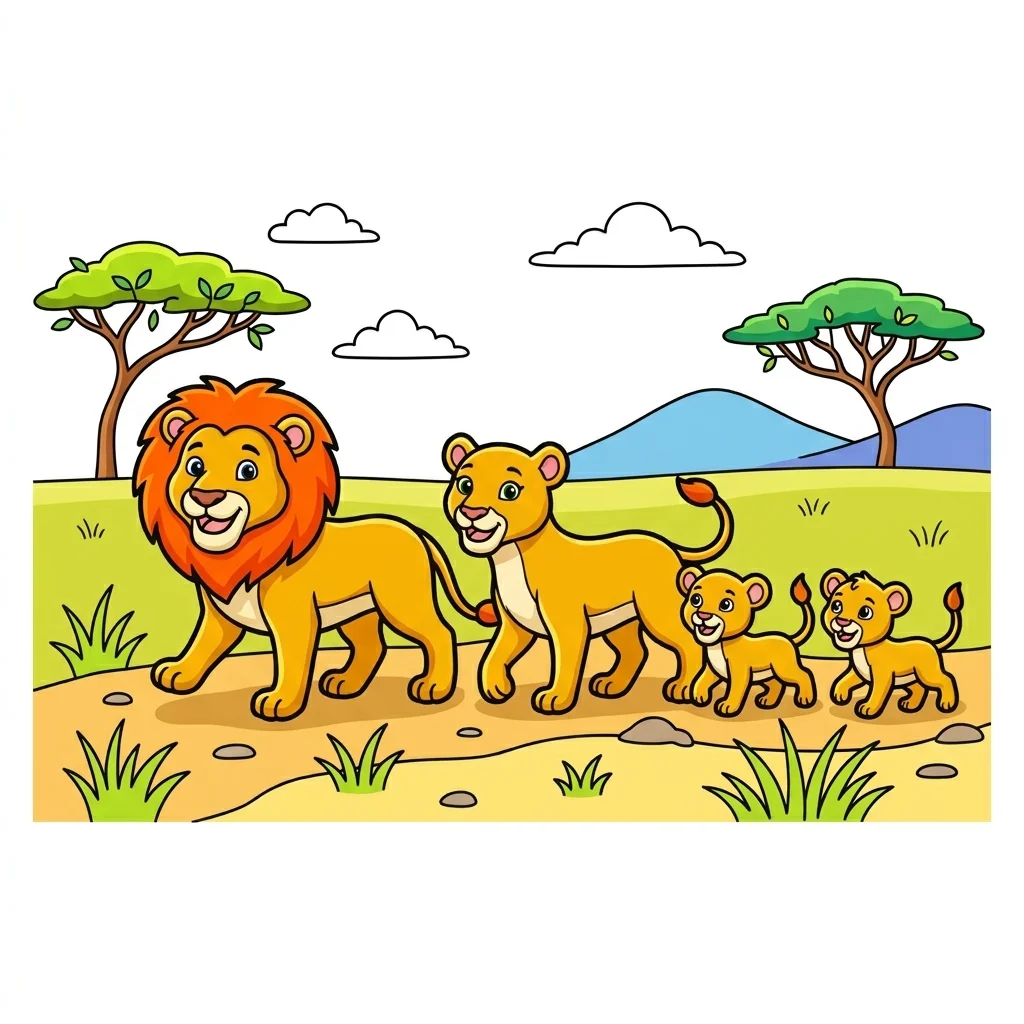 Lion Family Safari Coloring Page for kids printable