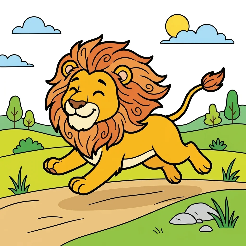 Lion Running Fast Coloring Page for kids printable