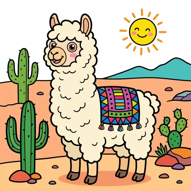 A fluffy llama wearing a blanket near cacti coloring page.