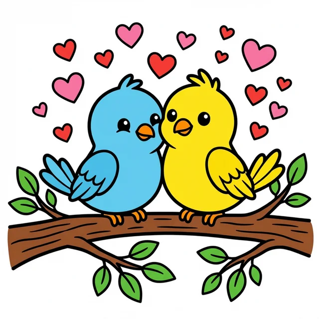 Two love birds on a branch with hearts coloring page.