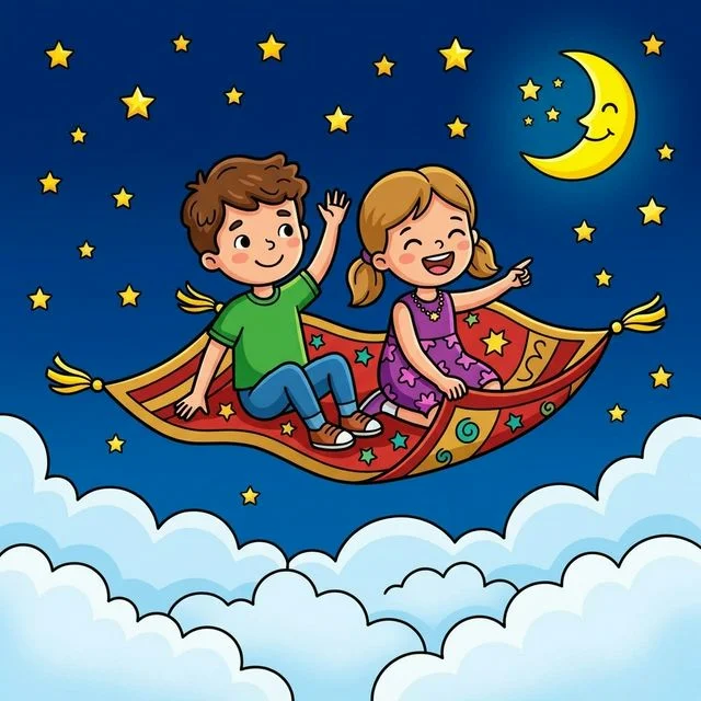 Happy boy and girl flying on magic carpet in starry sky with moon coloring page for kids