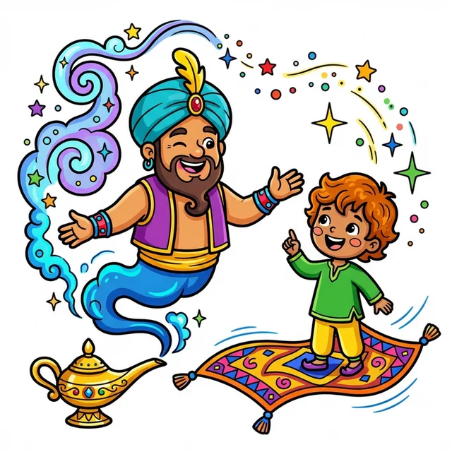 Genie emerging from magic lamp granting wish to kid coloring page