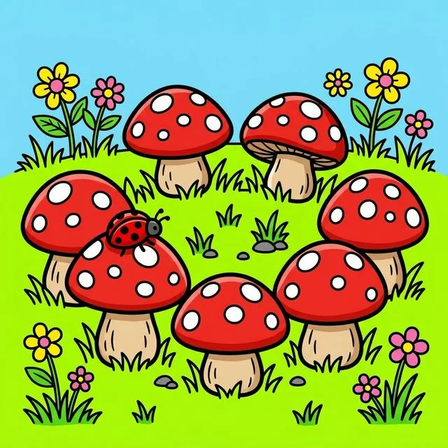 Magical fairy ring of large cute mushrooms sitting on short grass with a tiny crawling ladybug coloring page for kids