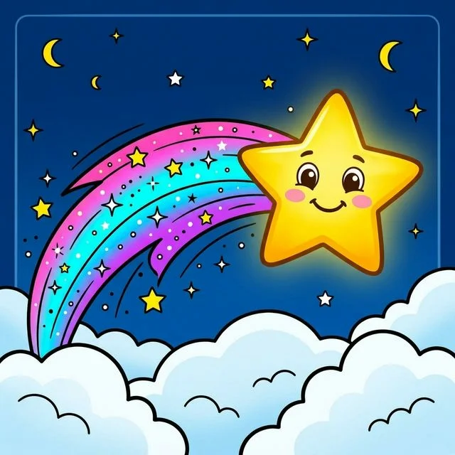Beautiful bright shooting star zooming across the night sky with a happy smiling face and magical tail above fluffy clouds coloring page for kids