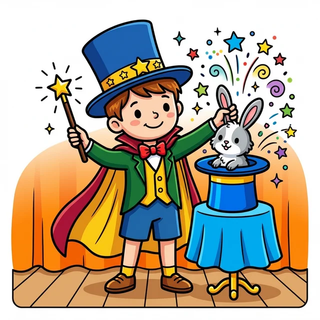 Kid magician pulling rabbit from hat coloring page