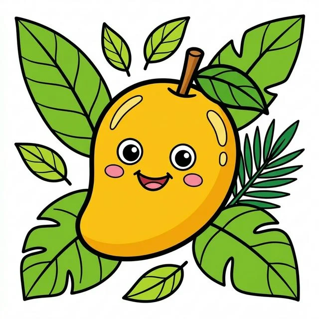 Mango with tropical leaves coloring page for kids - free printable