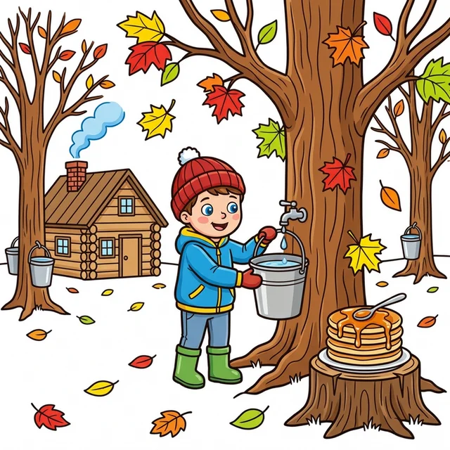 Kid collecting maple syrup from tree at farm with log cabin coloring page