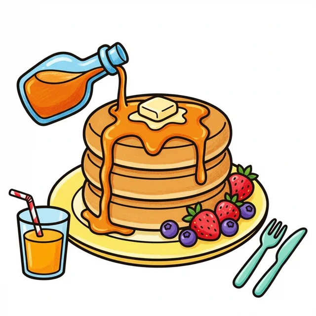 Fluffy pancakes with maple syrup and fruit coloring page