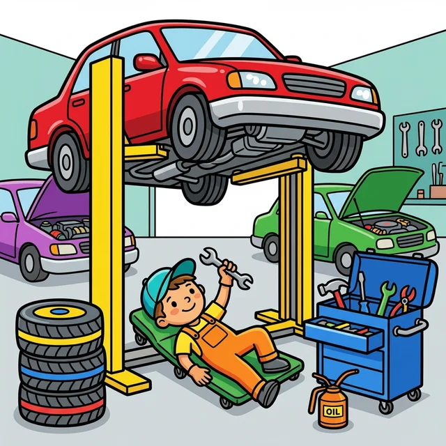 Kid mechanic working under car in garage with tools coloring page